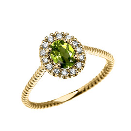 Yellow Gold Dainty Halo Diamond and Oval Peridot Solitaire Rope Design Engagement/Promise Ring
