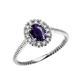 White Gold Dainty Halo Diamond and Oval Amethyst Solitaire Rope Design Engagement/Promise Ring