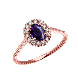 Rose Gold Dainty Halo Diamond and Oval Amethyst Solitaire Rope Design Engagement/Promise Ring