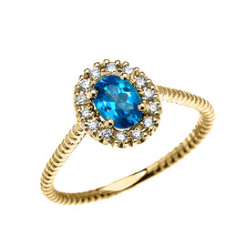 Yellow Gold Dainty Halo Diamond and Oval Blue Topaz Solitaire Rope Design Engagement/Promise Ring