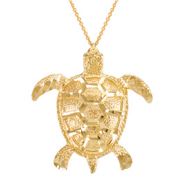 Yellow Gold Textured Style Sea Turtle Pendant Necklace