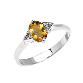 White Gold Solitaire Oval Citrine and White Topaz Engagement/Promise Ring