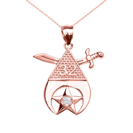 Rose Gold Shriners Freemason Masonic Diamond Pendant Necklace