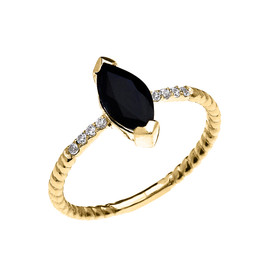 Yellow Gold Dainty Solitaire Marquise Black Sapphire and Diamond Rope Design Engagement/Promise Ring