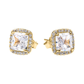 Yellow Gold Elegant Diamond Halo Solitaire Princess Cut Cubic Zirconia Stud Earrings