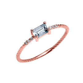 Dainty Rose Gold Solitaire Emerald Cut Aquamarine and Diamond Rope Design Engagement/Promise Ring