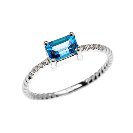 Dainty White Gold Solitaire Emerald Cut Blue Topaz and Diamond Rope Design Engagement/Promise Ring