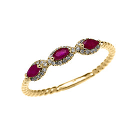 Yellow Gold Dainty Three Stone Marquise Ruby and Halo Diamond Rope Design Engagement/Promise Ring