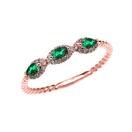 Rose Gold Dainty Three Stone Marquise Emerald Rope Diamond Promise Ring
