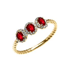 Dainty Yellow Gold Three Stone Oval Ruby and Halo Diamond Rope Design Engagement/Promise Ring