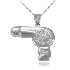 Polished White Gold Hair Blow Dryer Pendant Necklace