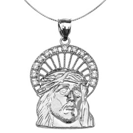 Sterling Silver Cubic Zirconia Halo Jesus Face Pendant Necklace