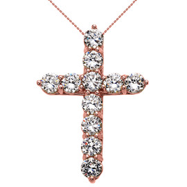 Rose Gold Elegant 12 Carat Round Cubic Zirconia Cross Pendant Necklace (Extra Large)