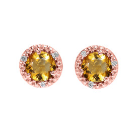 Halo Stud Earrings in Rose Gold with Solitaire Citrine and Diamonds