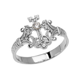 White Gold Solitaire Cubic zirconia Armenian Cross Elegant Ring