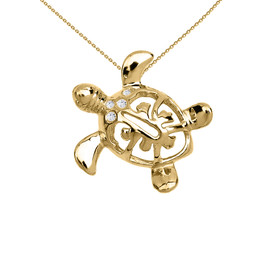 Yellow Gold Diamond Hawaiian Lucky Charm Honu Turtle Hidden Bail Pendant Necklace