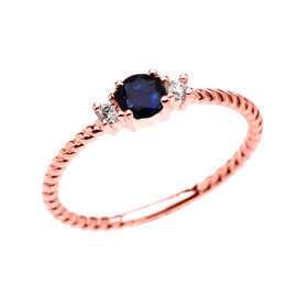 Rose Gold Dainty Solitaire Sapphire and White Topaz Rope Design Promise/Stackable Ring