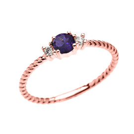 Rose Gold Dainty Solitaire Amethyst and White Topaz Rope Design Promise/Stackable Ring