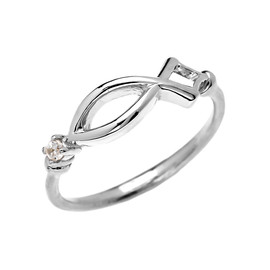 Christianity Symbol Ichtus Dainty Diamond White Gold Ring
