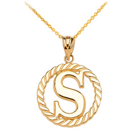 Yellow Gold "S" Initial in Rope Circle Pendant Necklace