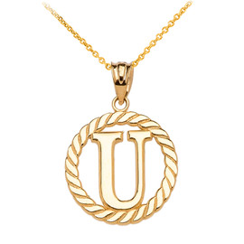 Yellow Gold "U" Initial in Rope Circle Pendant Necklace