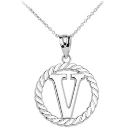 White Gold "V" Initial in Rope Circle Pendant Necklace