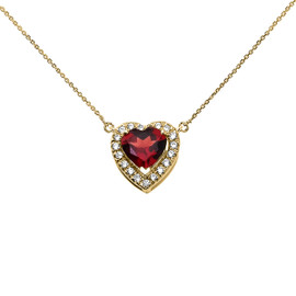 Elegant Yellow Gold Diamond and January Birthstone Heart Solitaire Necklace