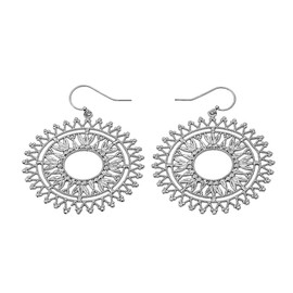 Sterling Silver Detailed Bohemian Circle Filigree Diamond Cut Dangling Earrings