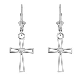 14k White Gold Cutout Heart Cross Earrings