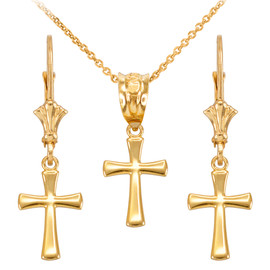 14k Yellow Gold Rounded Mini Cross Necklace Earring Set