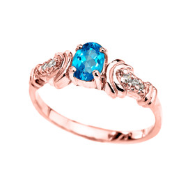 Rose Gold Diamond and Blue Topaz Oval Solitaire Proposal Ring