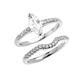White Gold Dainty Diamond Wedding Ring Set With 1.25 Carat Marquise Shape Cubic Zirconia Center Stone