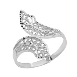 White Gold Diamond Cut Filigree Double Leaf Ring