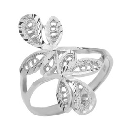 White Gold Diamond Cut Filigree Wrap Leaves Ring