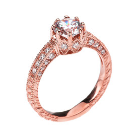 Art Deco Diamond Rose Gold Engagement and Proposal Ring with 1 Carat White Topaz Centerstone