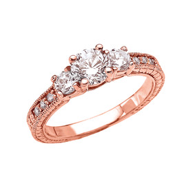 Three Stones Art Deco Diamond Rose Gold Engagement and Proposal Ring With 1 Carat White Topaz Centerstones