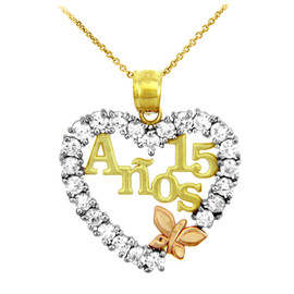 Gold Sweet 15 Anos Quinceanera Pendant Necklace with Cubic Zirconia Heart with Butterfly