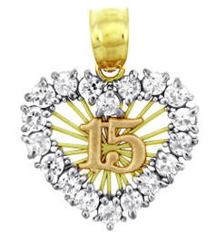 Gold Pendants - The Sweet 15 Gold Birthday- Quinceanera Pendant in Cubic Zirconia with SunBurst