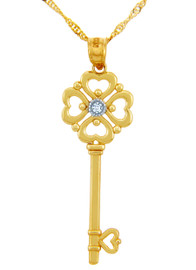Valentines Special Heart Diamonds - Gold Key with Hearts and Center Diamond (w Chain)