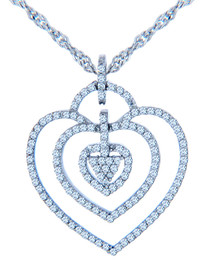 Valentines Special Heart Diamonds - White Gold Triple Heart Pendant with Diamonds (w Chain)