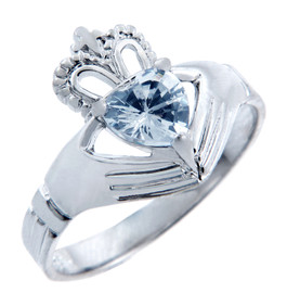 Silver Claddagh Ring with Aquamarine Birthstone.
