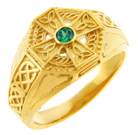 Gold Celtic Cross Men's Ring with Emerald.  Available in 14k or 10k gold.