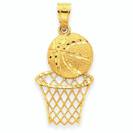 14K Solid Gold Diamond -Cut Basketball & Net Charm