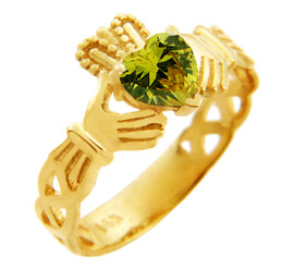 Gold Claddagh Trinity Band Ring with Peridot Birthstone.  Available in your choice of 14k or 10k gold.