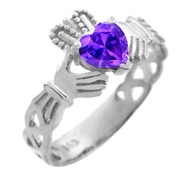 White Gold Claddagh Trinity Band with Alexandrite CZ Heart