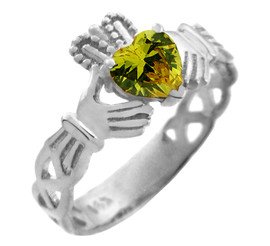 White Gold Claddagh Trinity Band with Peridot Green CZ Heart