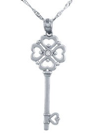 Valentines Special Heart Diamonds - Sterling Silver Key with Hearts and Center Diamond (w Chain)