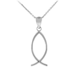 White Gold Ichthus (Fish) Vertical Pendant Necklace