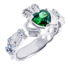 18K White Gold 0.4 Ct Diamond Band Claddagh Ring With and 1.10 Ct Emerald