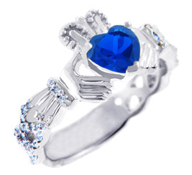 18K White Gold 0.4 Ct Diamond Band Claddagh Ring With 1.10 Ct Genuine Blue Sapphire